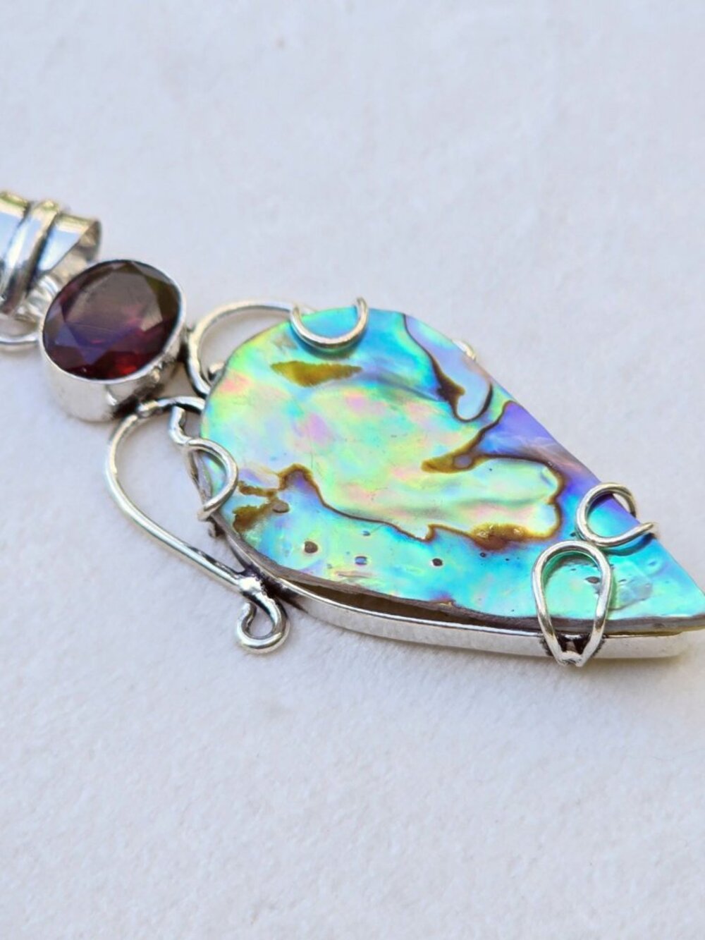 Hand Crafted ✦ Abalone Garnet Sterling Silver Pendant ✦ Boho Natural Shell Gem - Picture 6 of 10
